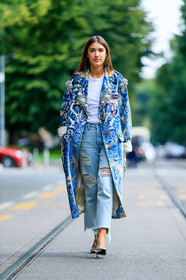 blue coat, blue denim, brocard, brooch, denim pants, embroidered coat, fashion week, frenchystyle, full length, FW, high heels, jeans, jonathan paciullo, leather shoes, MFW, MILAN, miu miu, overcoat, patricia manfield, pearls, printed coat, ripped pants, silver shoes, SPRING SUMMER 2017, SS 17, street style, trousers, vertical, white bag, white t shirt