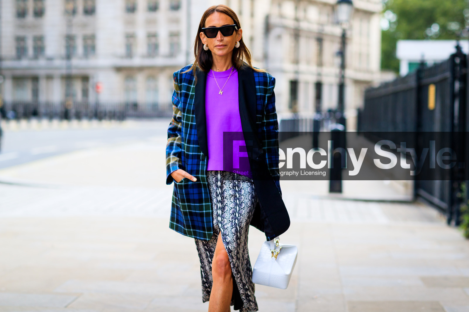 blazer, blue jacket, checked, chloe loulou de saison, graphic jacket, graphic skirt, grey skirt, leather bag, plaid, printed jacket, printed skirt, purple sweater, rejina pyo, sunglasses, tartan, white bag, fashion week, frenchystyle, FW, jonathan paciullo, street style, LFW, LONDON, SPRING SUMMER 2019, SS 19, atmosphere details, horizontal, detail