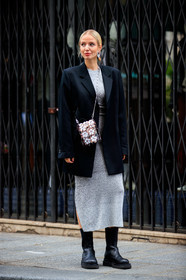 leonie hanne, silvered dress, tight dress, long dress, black leather boots, black jacket, low boots, chelsea boots, flat boots, big sole boots, motard boots, paco rabanne bag, paco rabanne dress, crossbody bag, metalic bag, silvered bag, silvered chain strap bag, floral embroidered bag, plastic bag, oversize jacket, strassed earrings, round shape earrings, big earrings, PARIS, PFW, fashion week, frenchystyle, FW, jonathan paciullo, street style, SPRING SUMMER 2021, SS 21, vertical, full length