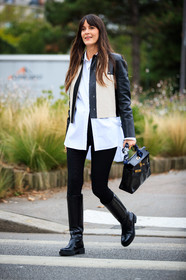leia sfez, white leather jacket, black leather bag, black leather boots, black legging, light blue shirt, bicolor jacket, button jacket, hermes bag, birkin hermes bag, bandana, navy blue bandana, high boots, flat boots, hand bag, fashion week, frenchystyle, FW, jonathan paciullo, street style, PFW, PARIS, SPRING SUMMER 2021, SS 21, vertical, full length