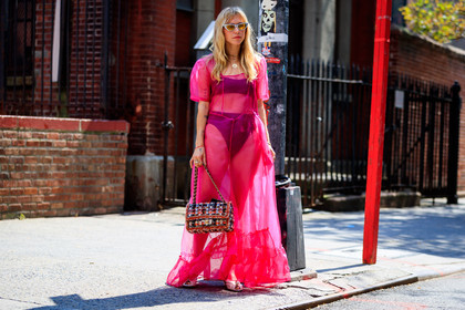 black bra, chanel handbag, courtney trop, embroidered bag, leather bag, leather shoes, pink dress, see through, sequined bag, sunglasses, white shoes, fashion week, frenchystyle, FW, jonathan paciullo, street style, NYFW, NEW YORK, SPRING SUMMER 2019, SS 19, atmosphere details, horizontal, full length