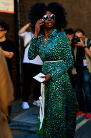 animal print dress, round sunglasses, chain necklace, charms necklace, golden necklace, multi necklace, pearl necklace, green bag, leather bag, fashion week, frenchystyle, FW, jonathan paciullo, street style, vertical, detail, atmosphere details