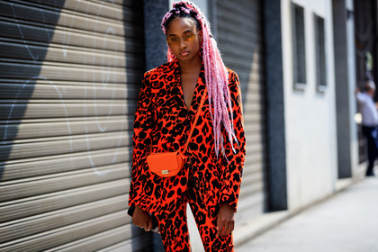 animal print, blazer, braids, candace marie, dyed hair, graphic jacket, graphic pants, graphic suit, leather bag, leopard, pink hair, printed jacket, printed pants, printed suit, red bag, red jacket, red pants, red suit, sunglasses, trousers, fashion week, frenchystyle, FW, jonathan paciullo, street style, MFW, MILAN, SPRING SUMMER 2019, SS 19, atmosphere details, horizontal, detail