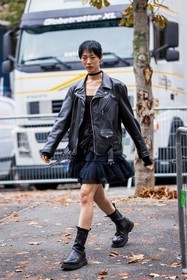black boots, black monochrome, black perfecto, boots, choker, lace skirt, leather boots, leather perfecto, mini skirt, monochrome, perfecto, ruffles, skirt, Sora Choi, tulle skirt, fashion week, frenchystyle, FW, jonathan paciullo, street style, PFW, PARIS, SPRING SUMMER 2022, SS 22, vertical, full length