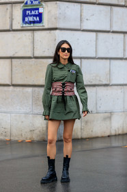 justine lee, kaki dress, mini dress, miu miu dress, miu miu belt, miu miu look, pleated dress, long sleeves dress, corset belt, belted dress, checked belt, laced belt, ruffle dress, black leather boots, flat boots, checked boots, PARIS, PFW, SPRING SUMMER 2020, SS 20, fashion week, frenchystyle, FW, jonathan paciullo, street style, vertical, full length