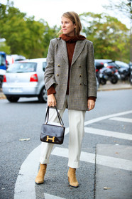 monica ainley, brown hoodie, white leather pants, black leather bag, constance hermes bag, hermes bag, checked jacket, beige jacket, brown jacket, beige boots, beige suede boots, hoodie, knit hoodie, fashion week, frenchystyle, FW, jonathan paciullo, street style, PFW, PARIS, SPRING SUMMER 2021, SS 21, vertical, full length