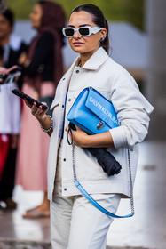 bag, blue bag, calvin klein bag, denim, denim jacket, jean, rectangle sunglasses, studs, sunglasses, white jacket, white pants, white sunglasses, fashion week, frenchystyle, FW, jonathan paciullo, street style, PFW, PARIS, SPRING SUMMER 2022, SS 22, vertical, atmosphere details