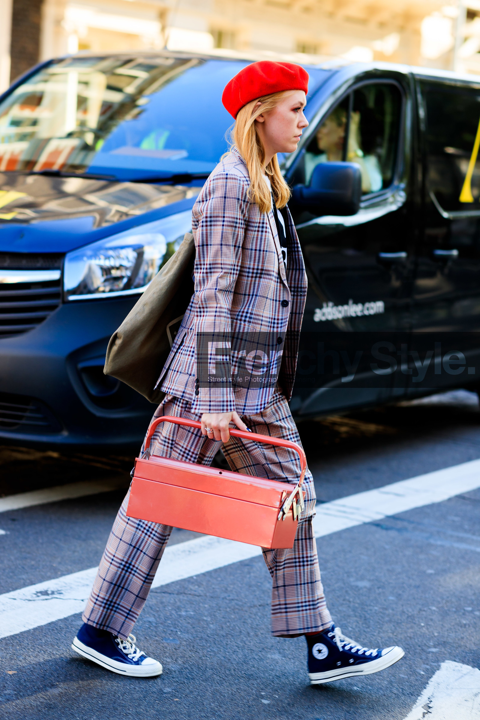 red beret, suits, checked jacket, checked suits, tools box bag, pink bag, metalic bag, converse shoes, black shoes, black sneackers, fashion week, frenchystyle, FW, jonathan paciullo, street style, vertical, full length