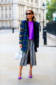 blazer, blue jacket, checked, chloe loulou de saison, graphic jacket, graphic skirt, grey skirt, high heels, leather bag, leather shoes, plaid, printed jacket, printed skirt, purple shoes, purple sweater, rejina pyo, sunglasses, tartan, white bag, fashion week, frenchystyle, FW, jonathan paciullo, street style, LFW, LONDON, SPRING SUMMER 2019, SS 19, vertical, full length