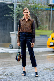 black denim, black shoes, brown shirt, chains, céline, denim pants, glitter, graphic bag, high heels, jeans, leather bag, leather shoes, madelynn furlong, printed bag, sequined bag, shiny bag, trousers, street style, jonathan paciullo, FW, frenchystyle, fashion week, NYFW, NEW YORK, SPRING SUMMER 2019, SS 19, vertical, full length