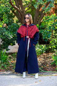 alexandra guerain, navy blue coat, red coat, lacoste coat, lacoste total look, belted coat, raincoat, futurist shape sunglasses, PARIS, PFW, SPRING SUMMER 2020, SS 20, fashion week, frenchystyle, FW, jonathan paciullo, street style, vertical, full length