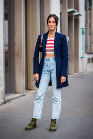 Astrid Boutrot, bag, boots, crop top, croppted top, denim, gucci bag, jacket, jean, khaki boots, light blue denim, light blue jean, long jacket, mariniere, navy jacket, red top, straigh jeans, straigh pants, stripes, stripes jacket, white crop top, fashion week, frenchystyle, FW, jonathan paciullo, street style, PFW, PARIS, SPRING SUMMER 2022, SS 22, vertical, full length