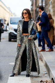 camila coelho, animal print coat, animal print jacket, animal print pants, black top, cropped top, openwork top, black leather clutch, bottega veneta bag, scale sunglasses, black leather boots, plastic heels, sheer heels, PARIS, PFW, SPRING SUMMER 2020, SS 20, fashion week, frenchystyle, FW, jonathan paciullo, street style, vertical, full length