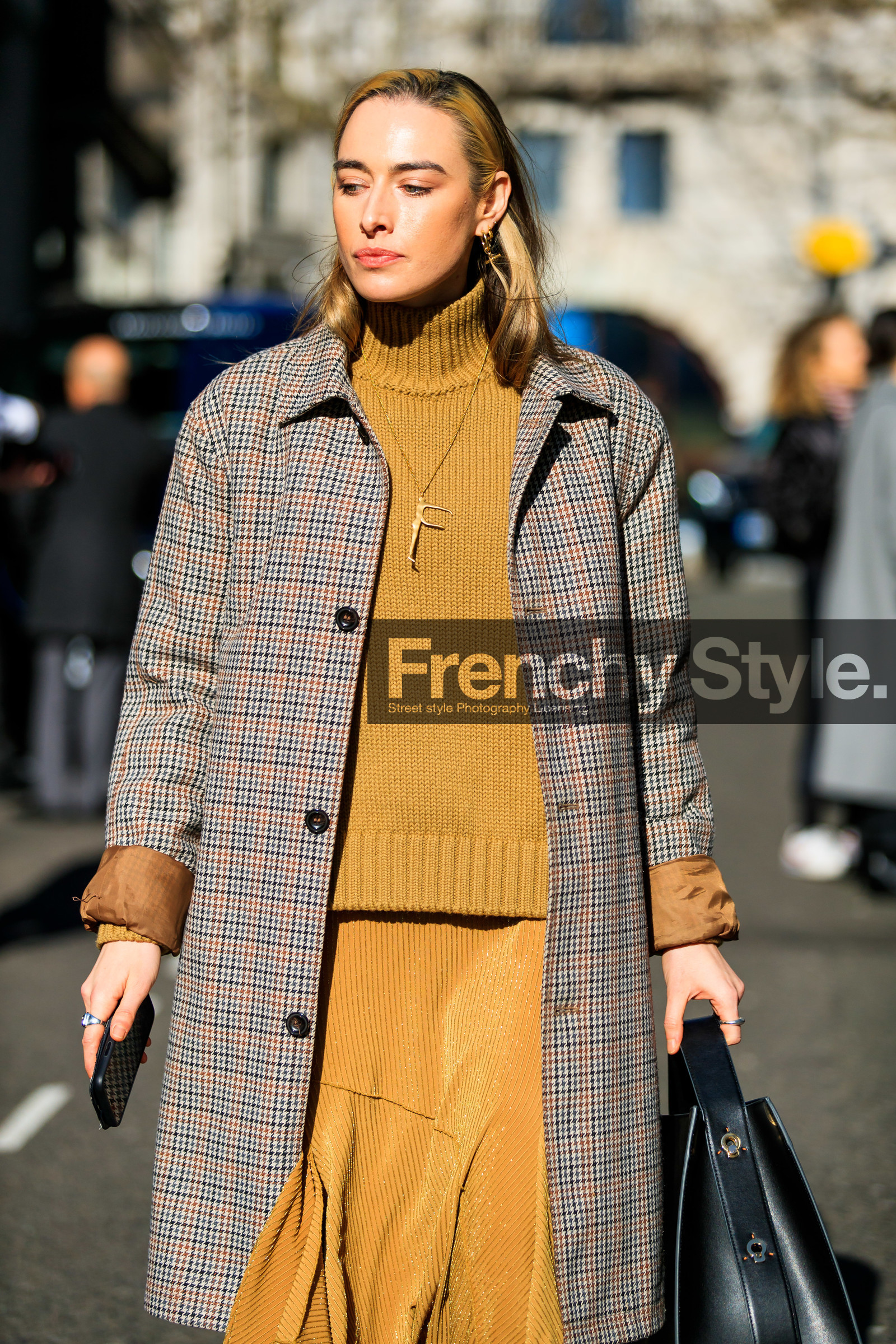 black bag, brown coat, checked, flora macdonald johnston, graphic jacket, houndstooth pattern, leather bag, necklace, plaid, printed jacket, turtleneck sweater, yellow skirt, yellow sweater, fashion week, frenchystyle, FW, jonathan paciullo, street style, LFW, LONDON, AUTUMN WINTER 2019-2020, AW 19-20, FW 19-20, FALL WINTER 2019-2020, vertical, atmosphere details, detail