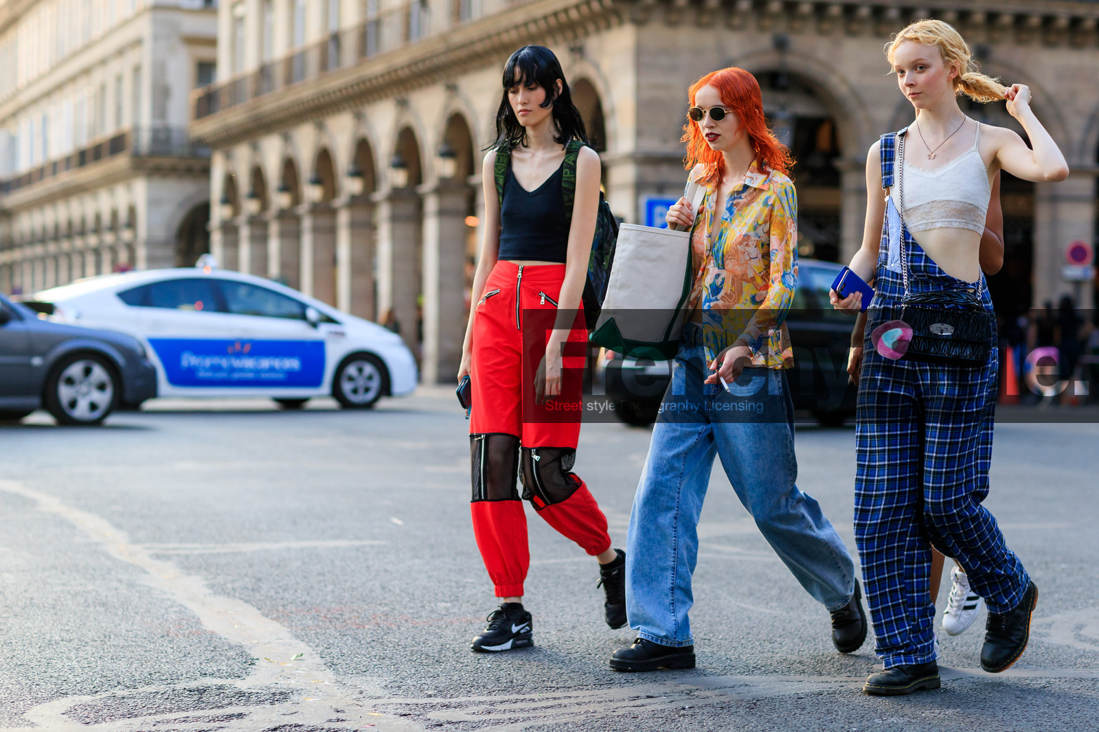 black bag, black shoes, black sneakers, black top, blue denim, blue overall, checked, crop top, denim pants, dyed hair, graphic pants, graphic shirt, jeans, kenzo, leather bag, leather shoes, miu miu, necklace, nike, plaid, printed overall, printed pants, printed shirt, ray ban, red head, red pants, streetwear, sunglasses, sweatpants, tote bag, trousers, white bag, white top, yellow shirt, zip, fashion week, frenchystyle, FW, jonathan paciullo, street style, PFW, PARIS, atmosphere details, horizontal, full length, model, AUTUMN WINTER 2018-2019, FALL WINTER 2018-2019, FW 18-19