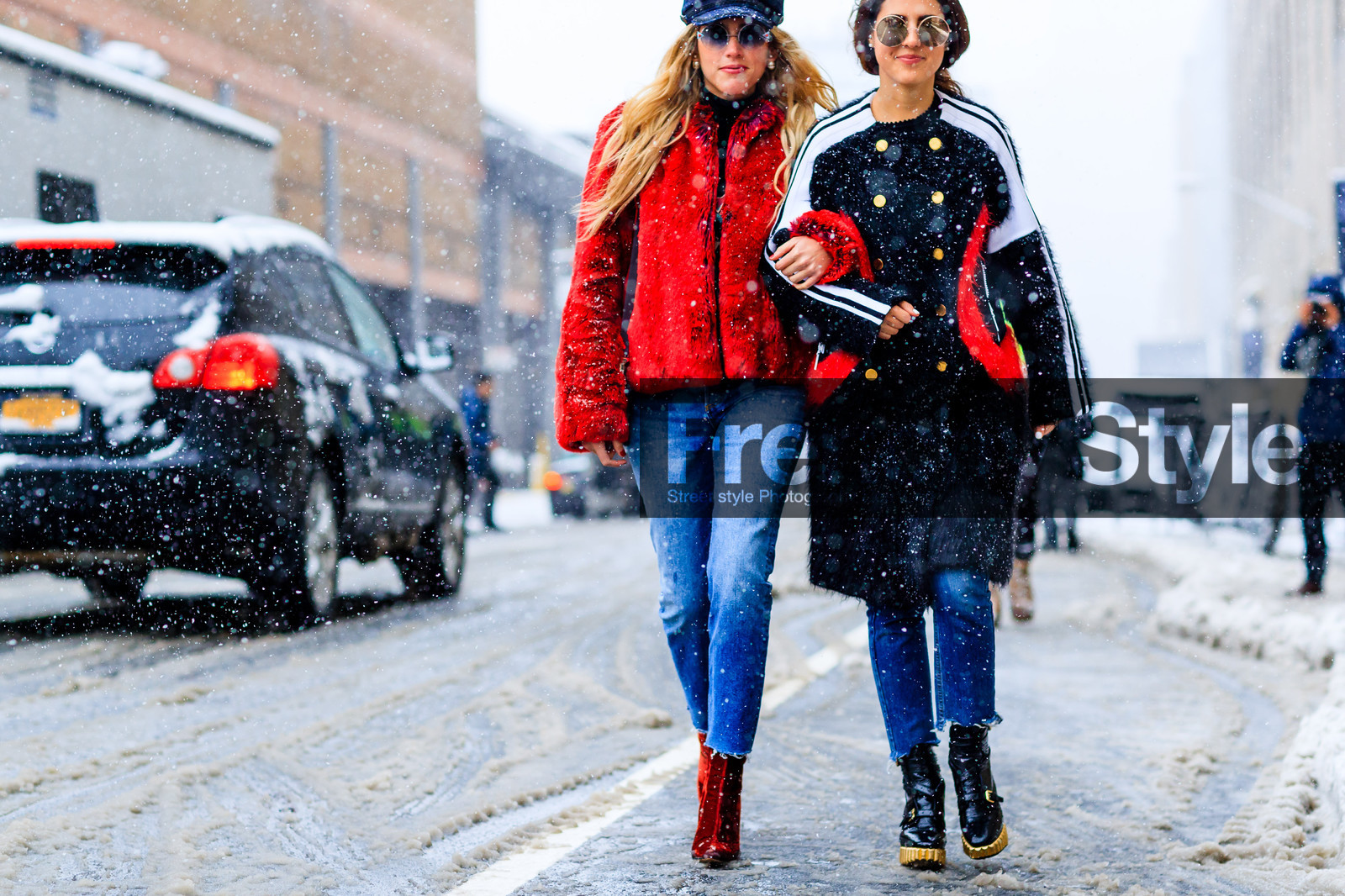 atmosphere details, AUTUMN WINTER 2017-2018, AW 17-18, beret, black boots, black coat, blue denim, denim pants, detail, FALL WINTER 2017-2018, fashion week, frenchystyle, Fur coat, fur jacket, FW, FW 17-18, high heels, horizontal, jeans, jonathan paciullo, leather boots, NEW YORK, NYFW, printed coat, red boots, red fur, red jacket, street style, sunglasses, trousers, velvet