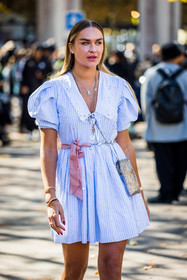 bag, balloon sleeves, blue dress, dress, embroidery, Nina Suess, sandals, short dress, silver bag, strass, striped dress, stripes, fashion week, frenchystyle, FW, jonathan paciullo, street style, PFW, PARIS, SPRING SUMMER 2022, SS 22, vertical, atmosphere details