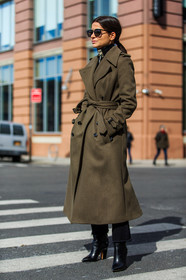 AUTUMN WINTER 2016-2017, AW 16-17, belted coat, black boots, black turtleneck, chocker, chok, choker, fashion week, frenchystyle, full length, FW, FW 16-17, green coat, high boots, high heels, jonathan paciullo, kaki coat, Lainy Hedaya, leather boots, long coat, necklace, NEW YORK, NYFW, overcoat, street style, sunglasses, vertical, woman