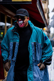 black cap, black knitwear, blue jacket, blue raincoat, cap, facial mask, grey mitten, jacket, Joey Starr, knitwear, lanvin look, menswear, mitten, raincoat, sunglasses, fashion week, frenchystyle, FW, jonathan paciullo, street style, PFW, PARIS, SPRING SUMMER 2022, SS 22, vertical, atmosphere details