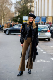 black beret, black bombers, black pullover, black cardigan, kaki pants, velvet pants, corduroy pants, flare pants, black leather boots, cowboy boots, long cardigan, sheer cardigan, satin bombers, fashion week, frenchystyle, FW, jonathan paciullo, street style, PFW, PARIS, vertical, full length