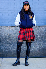 american, black cap, black shoes, checked, graphic jacket, graphic skirt, high boots, leather shoes, plaid, pleated skirt, printed jacket, printed skirt, red skirt, tartan, teddy jacket, street style, jonathan paciullo, FW, frenchystyle, fashion week, NYFW, NEW YORK, AUTUMN WINTER 2018-2019, AW 18-19, FALL WINTER 2018-2019, FW 18-19, vertical, full length, jan-michael quammie
