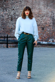 light blue pullover, turtleneck pullover, green pants, green leather pants, black leather belt, alberta ferretti belt, high heels sandals, multi straps sandals, red lipstick, fashion week, frenchystyle, FW, jonathan paciullo, street style, MFW, MILAN, SPRING SUMMER 2021, SS 21, vertical, full length