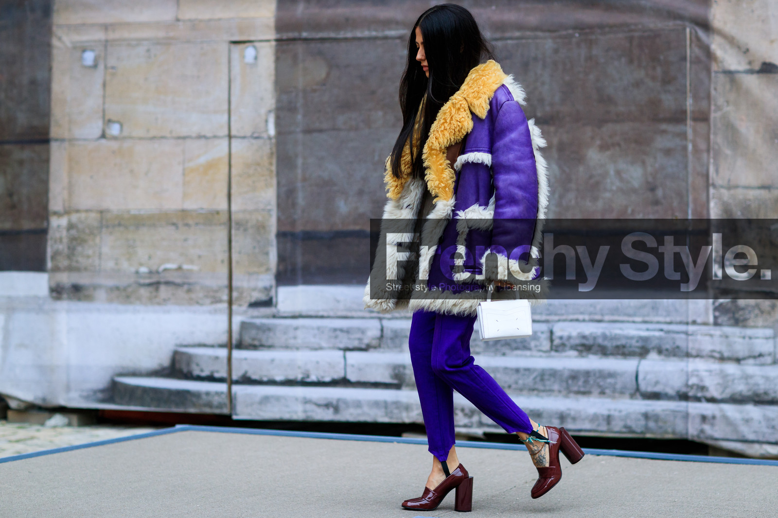 bordeaux, burgundy, fur jacket, high heels, leather bag, leather shoes, prada, purple jacket, purple pants, red shoes, shearling, trousers, varnished leather shoes, white bag, white fur, white t shirt, yellow fur, fashion week, frenchystyle, FW, jonathan paciullo, street style, PFW, PARIS, SPRING SUMMER 2017, SS 17, HAUTE COUTURE, atmosphere details, full length, horizontal, gilda ambrosio