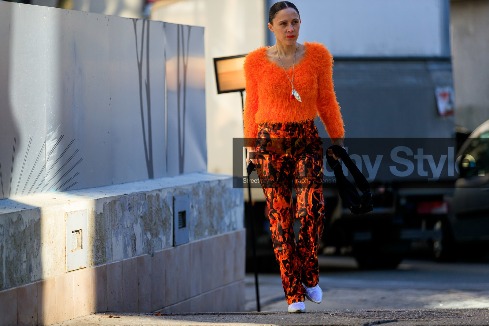black bag, graphic pants, leather bag, leather shoes, marine serre, necklace, orange sweater, printed pants, red pants, trousers, white shoes, fashion week, frenchystyle, FW, jonathan paciullo, street style, PFW, PARIS, AUTUMN WINTER 2019-2020, AW 19-20, FALL WINTER 2019-2020, FW 19-20, horizontal, atmosphere details, full length