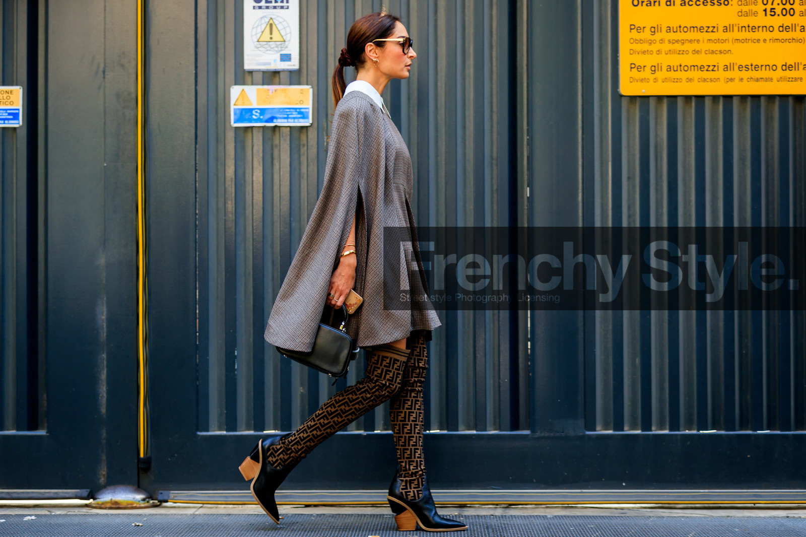 black bag, black shoes, brown boots, cape, fendi, geraldine boublil, grey dress, high boots, high heels, leather bag, leather shoes, monogram, printed shoes, sunglasses, street style, jonathan paciullo, FW, frenchystyle, fashion week, MFW, MILAN, SPRING SUMMER 2019, SS 19, atmosphere details, horizontal, full length