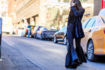 atmosphere details, AUTUMN WINTER 2016-2017, AW 16-17, black pants, blazer, blue jacket, FALL WINTER 2016-2017, fashion week, frenchystyle, full length, FW, FW 16-17, horizontal, jonathan paciullo, Lainy Hedaya, NEW YORK, NYFW, street style, sunglasses, trousers, wide pants, woman