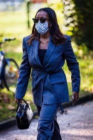 bag, belted blazer, black bag, black sunglasses, blazer, facial mask, grey blazer, grey pants, leather bag, pants, suit, sunglasses, Tiffany Reid, street style, jonathan paciullo, FW, frenchystyle, fashion week, PFW, PARIS, SPRING SUMMER 2022, SS 22, vertical, atmosphere details
