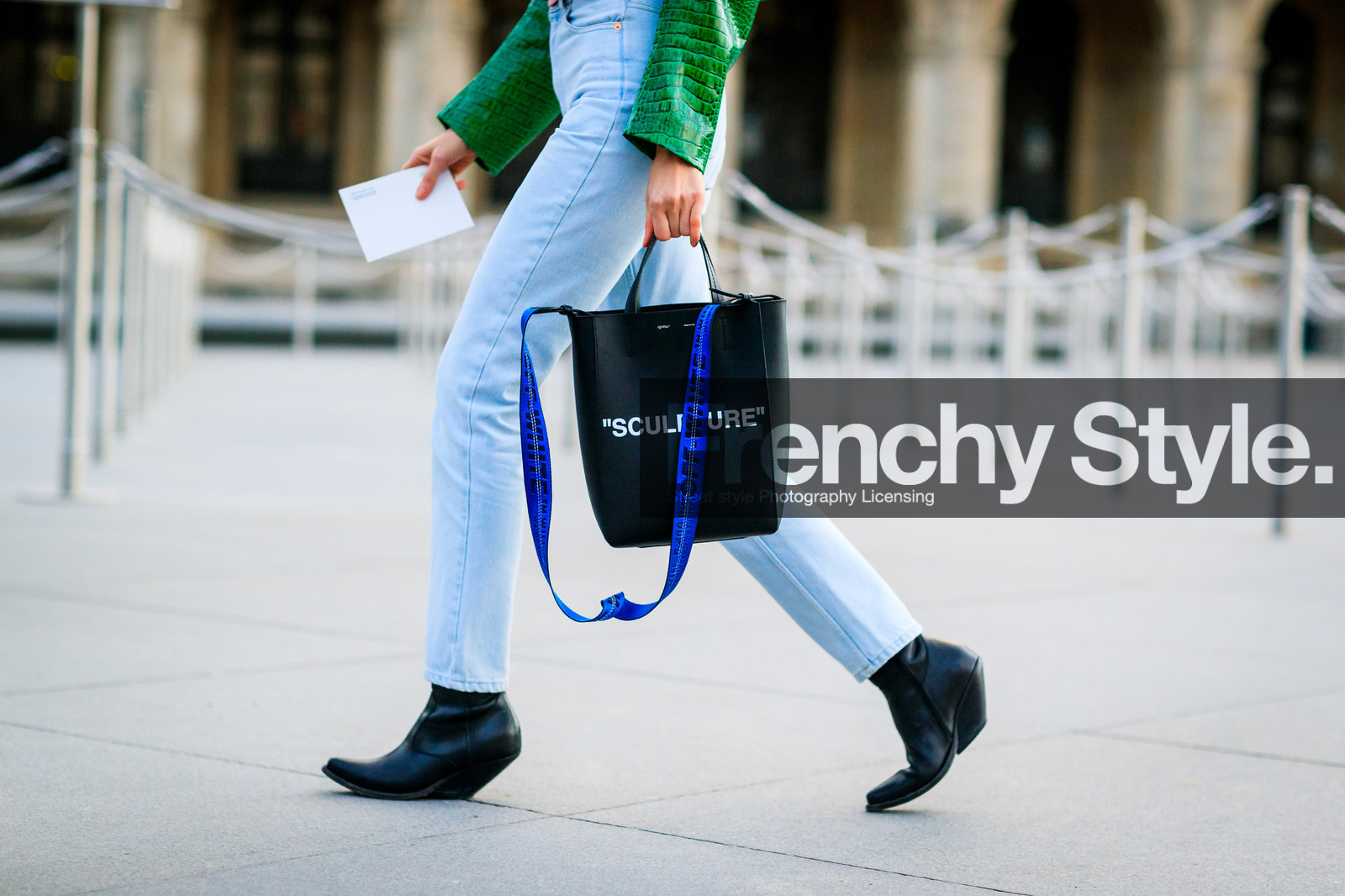 atmosphere details, AUTUMN WINTER 2017-2018, AW 17-18, black bag, black shoes, blue denim, denim pants, detail, FALL WINTER 2017-2018, fashion week, frenchystyle, FW, FW 17-18, green jacket, high heels, horizontal, jeans, jonathan paciullo, leather bag, leather jacket, leather shoes, off white, olga karput, PARIS, PFW, street style, tote bag, trousers