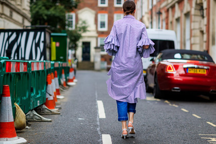 atmosphere details, blue denim, céline, denim pants, fashion week, frenchystyle, full length, FW, graphic dress, high heels, horizontal, jeans, jonathan paciullo, leather shoes, LFW, LONDON, printed dress, ruffles, shirt dress, SPRING SUMMER 2018, SS 18, street style, striped dress, trousers, white shoes