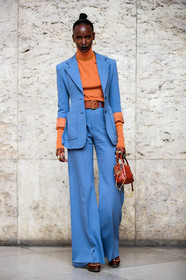 lous and the yakusa, light blue jacket, light blue pants, light blue suits, orange pullover, turtleneck pullover, camel leather bag, hand bag, chloe bag, chloe jacket, chloe look, chloe pants, chloe pullover, multi rings, stone ring, big ring, make up, make up details, nose piercing, fashion week, frenchystyle, FW, jonathan paciullo, street style, PFW, PARIS, SPRING SUMMER 2021, SS 21, vertical, full length