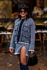 bag, black bag, black boots, blue jacket, blue skirt, boots, earrings, high boots, jacket, leather bag, leather boots, Maria Bernad, silver earrings, skirt, tight, tweed jacket, tweed skirt, fashion week, frenchystyle, FW, jonathan paciullo, street style, PFW, PARIS, SPRING SUMMER 2022, SS 22, vertical, atmosphere details