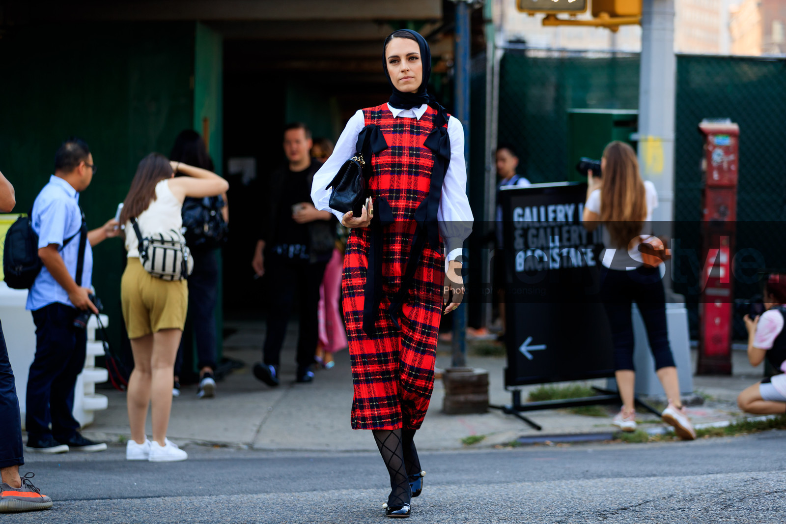 black bag, black ballerinas, black scarf, chanel handbag, checked, graphic dress, headscarf, leather bag, leather shoes, plaid, printed dress, red dress, tartan, tights, white shirt, fashion week, frenchystyle, FW, jonathan paciullo, street style, NYFW, NEW YORK, SPRING SUMMER 2019, SS 19, atmosphere details, horizontal, full length