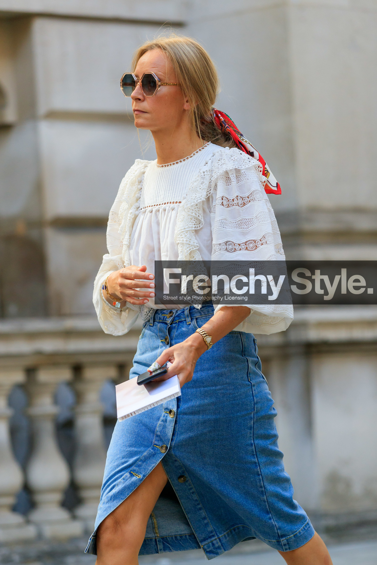 white blouse, lace blouse, ruffle blouse, denim skirt, button skirt, mid long skirt, chloe sunglasses, geometric shape glasses, hermes scarf, fashion week, frenchystyle, FW, jonathan paciullo, street style, vertical, detail, atmosphere details