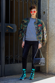 AUTUMN WINTER 2017-2018, AW 17-18, black bag, black denim, bomber jacket, camo jacket, camouflage, chanel handbag, denim pants, FALL WINTER 2017-2018, fashion week, frenchystyle, full length, FW, FW 17-18, graphic jacket, green jacket, grey sweater, jeans, jonathan paciullo, leather bag, leather shoes, MFW, MILAN, military jacket, model, over the shoulder, printed jacket, street style, sunglasses, trousers, vertical