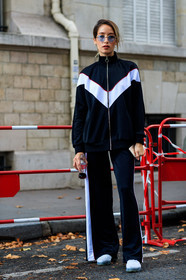 black jacket, black pants, black sweater, fashion week, frenchystyle, full length, FW, graphic jacket, jonathan paciullo, leather shoes, PARIS, PFW, printed jacket, SPRING SUMMER 2018, SS 18, street style, sunglasses, sweatpants, trousers, vertical, white sneakers