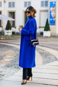 bicolor bag, black sunglasses, blue coat, blue turtleneck, coat, color, color block, electric blue, leather bag, Ola Farahat, printed bag, sunglasses, tods bag, wool coat, zebra print, black pants, black heels, long coat, fashion week, frenchystyle, FW, jonathan paciullo, street style, MFW, MILAN, SPRING SUMMER 2022, SS 22, vertical, full length