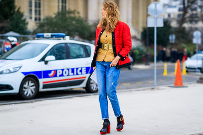 black shoes, blue denim, denim pants, golden belt, golden jacket, golden top, high heels, jeans, leather shoes, red jacket, red shoes, trousers, fashion week, frenchystyle, FW, jonathan paciullo, street style, PFW, PARIS, SPRING SUMMER 2017, SS 17, HAUTE COUTURE, atmosphere details, full length, horizontal