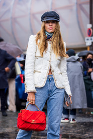 bag, black cap, blue denim, blue jean, cap, chanel bag, chanel look, denim, gavroche, jacket, jean, Monica de la Villardière, parisian look, printed scarf, red bag, scarf, tweed, white jacket, fashion week, frenchystyle, FW, jonathan paciullo, street style, PFW, PARIS, SPRING SUMMER 2022, SS 22, vertical, atmosphere details