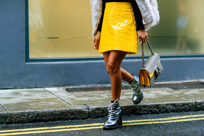 atmosphere details, beige bag, detail, fashion week, frenchystyle, fur coat, fur jacket, FW, gucci, high heels, horizontal, jonathan paciullo, leather bag, leather boots, leather skirt, LFW, LONDON, monogram, printed bag, silver shoes, SPRING SUMMER 2017, SS 17, street style, white fur, woman, yellow skirt