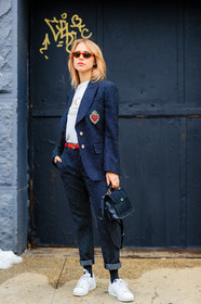adidas, AUTUMN WINTER 2017-2018, AW 17-18, black bag, black jacket, black suit, blazer, courtney trop, FALL WINTER 2017-2018, fashion week, frenchystyle, full length, FW, FW 17-18, gucci, jonathan paciullo, leather bag, leather sneakers, NEW YORK, NYFW, polka dot, printed jacket, printed pants, printed suit, printed t shirt, red belt, street style, sunglasses, trousers, vertical, white sneakers, white t-shirt