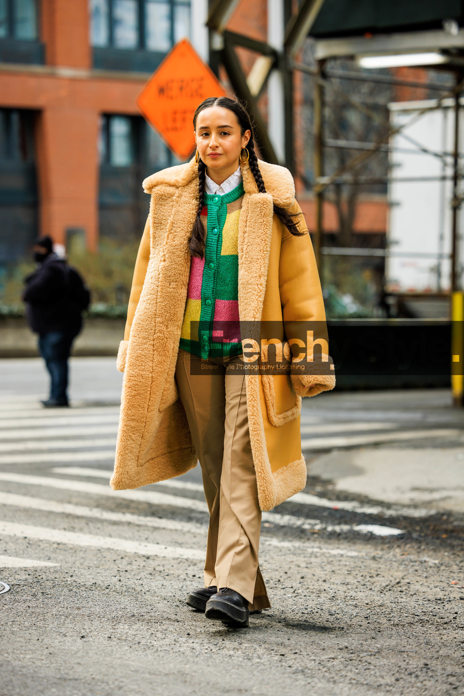 leather coat, beige pants, mustard yellow coat, furry coart, multicolor cardigan, knitted cardigan, creole loops, black shoes, chunky boots, black boots, braided piggy tails, street style, jonathan paciullo, FW, frenchystyle, fashion week, NYFW, NEW YORK, AUTUMN WINTER 2022-2023, FALL WINTER 2022_2023, FW 22-23, vertical, full length