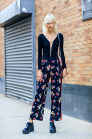 black pants, black shoes, black top, christian dior, fashion week, floral, flowers, frenchystyle, full length, FW, jonathan paciullo, marjan jonkman, model, NEW YORK, NYFW, printed pants, SPRING SUMMER 2018, SS 18, street style, trousers, vertical