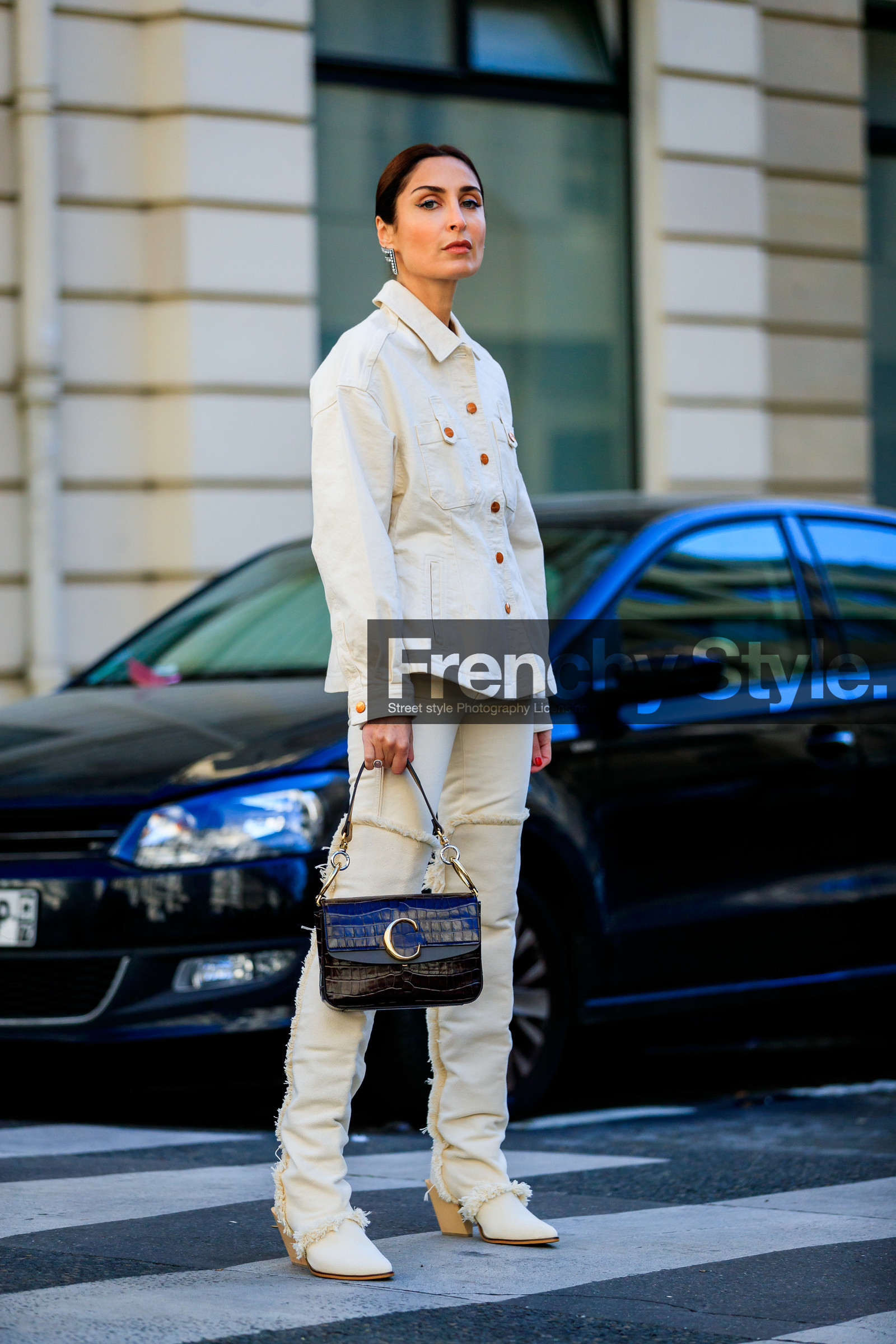 black bag, chloé, denim shirt, eva geraldine fontanelli, geraldine boublil, high boots, high heels, leather bag, leather shoes, trousers, white pants, white shirt, white shoes, fashion week, frenchystyle, FW, jonathan paciullo, street style, PFW, PARIS, AUTUMN WINTER 2019-2020, AW 19-20, FALL WINTER 2019-2020, FW 19-20, vertical, full length