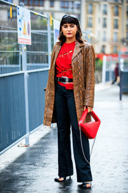 maria bernad, red top, red blouse, red leather bag, openwork blouse, openwork top, laced blouse, laced top, animal skin jacket, snake skin jacket, camel leather jacket, camel jacket, leather jacket, long jacket, belted blouse, belted top, black leather belt, cowboy belt, belt bag, prada bag, prada belt, mini bag, square shape bag, silvered chain strap bag, hand bag, hoop earrings, golden earrings, coperni bag, black leather sandals, open toe shoes, squared toe shoes, dark grey pants, striped pants, flare pants, fashion week, frenchystyle, FW, jonathan paciullo, street style, PFW, PARIS, SPRING SUMMER 2021, SS 21, vertical, full length