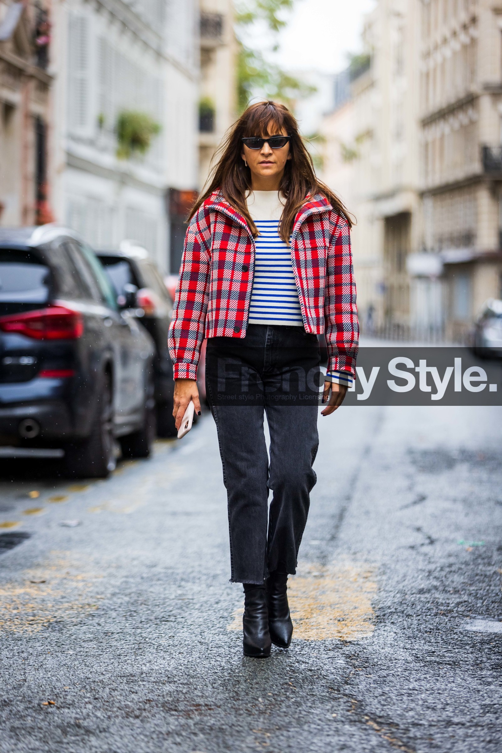 black boots, black sunglasses, blue stripes, boots, check, checked jacket, denim, grey denim, grey jean, jacket, jean, Laure Hériard-Dubreuil, mariniere, print, printed jacket, red jacket, striped knitwear, sunglasses, white knitwear, fashion week, frenchystyle, FW, jonathan paciullo, street style, PFW, PARIS, SPRING SUMMER 2022, SS 22, vertical, full length