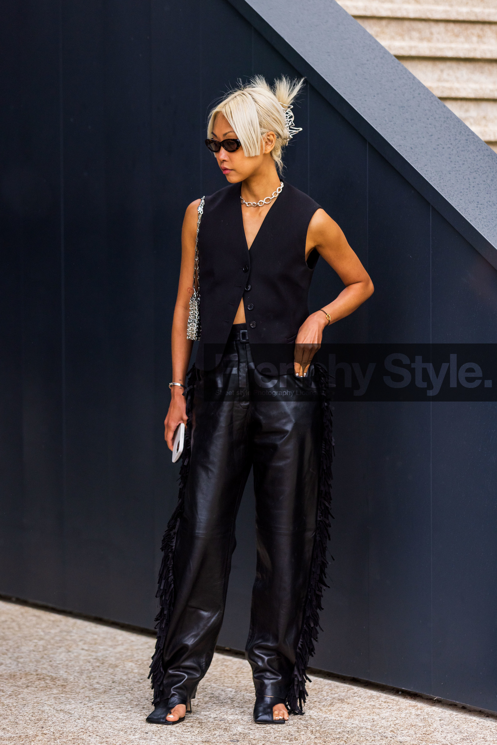 black jacket, black monochrome, black pants, black sandals, fringes, hermes look, jacket, leather pants, monochrome, necklace, paco rabanne bag, pants, sandals, silver bag, silver necklace, sleveless jacket, sunglasses, Vanessa Hong, waistcoat, fashion week, frenchystyle, FW, jonathan paciullo, street style, PFW, PARIS, SPRING SUMMER 2022, SS 22, vertical, full length